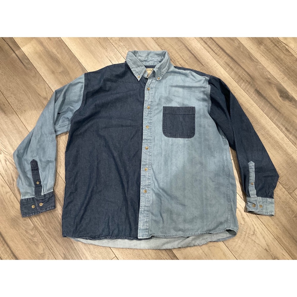 Fieldmaster Mens XL Tall Colorblock Denim Shirt Long Sleeve Two Tone vintage